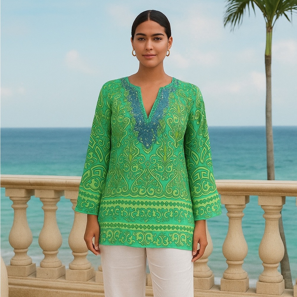 HALE BOB CABANA Silk Tunic Top M Beaded Sheer Blouse Resort Vacation Boho Artsy